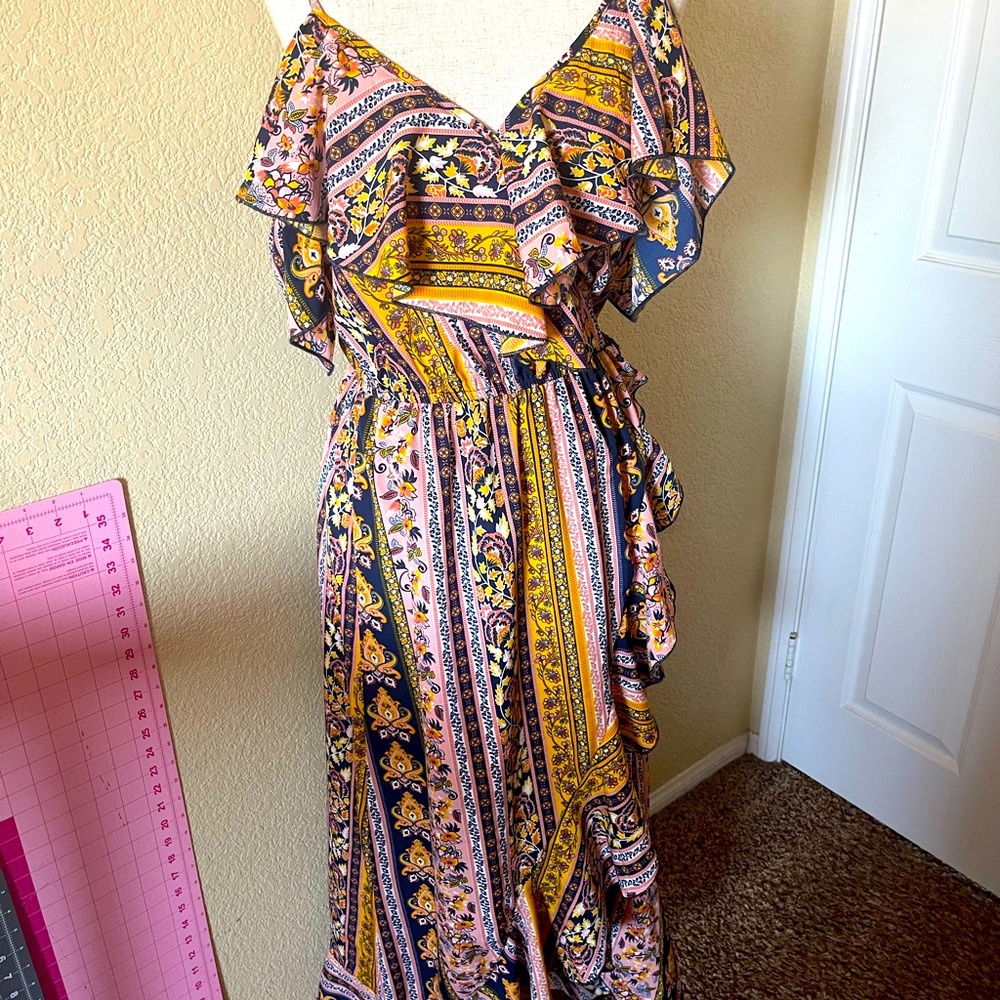 cold shoulder, ruffled wrap dress.